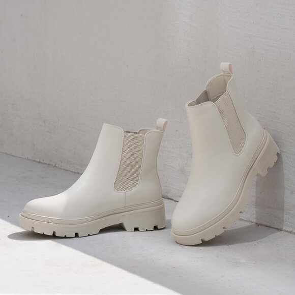 Jabasic Women Ivory Synthetic Chelsea Boots Low Heel Elastic Ankle Boots - Picture 2 of 6